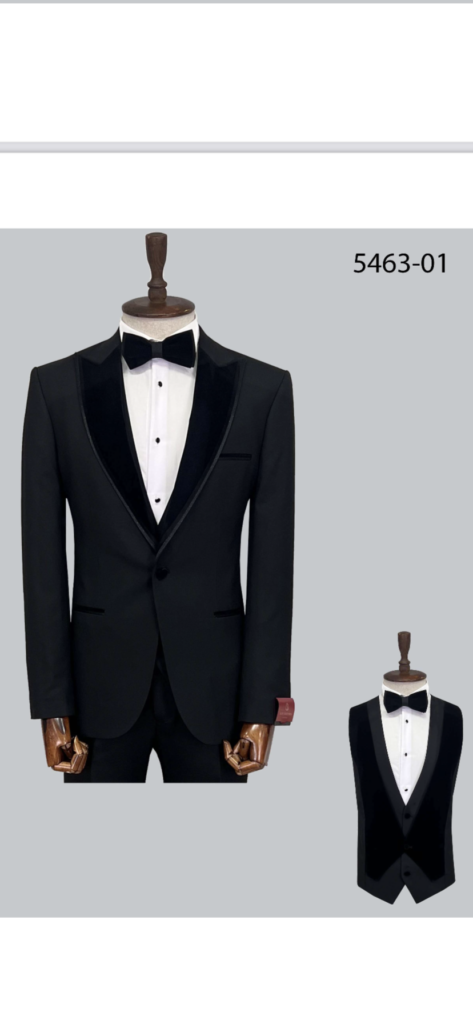 Velvet lapel slim fit Turkish-made tuxedo with matching vest and bowtie - a pinnacle of elegance and style.