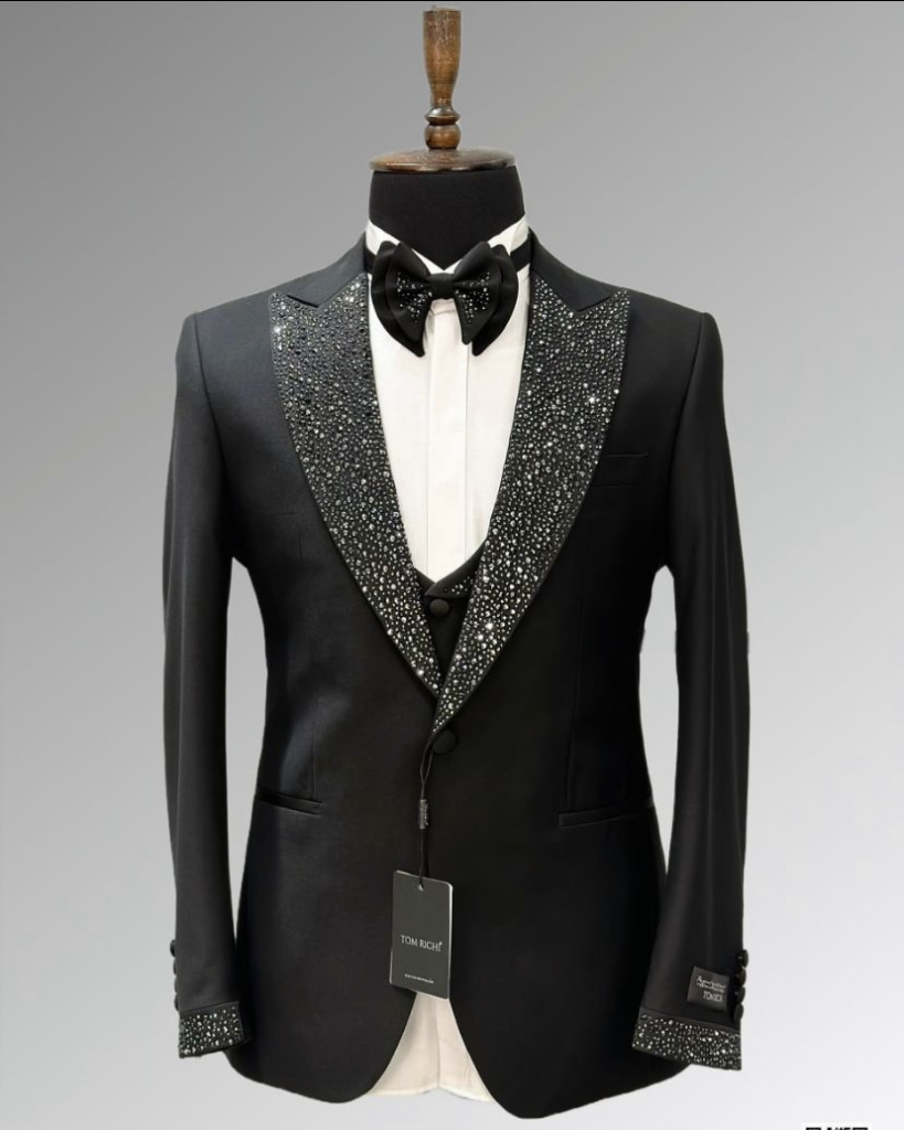 Elegant slim-fit tuxedo adorned with lapel stones for grooms and parties.